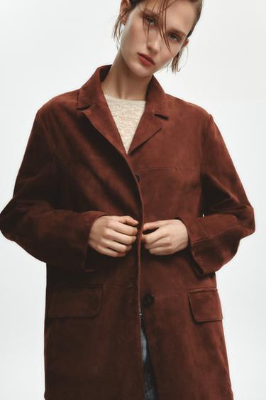 Zara 100% SUEDE LEATHER BLAZER ZW COLLECTION - Brown