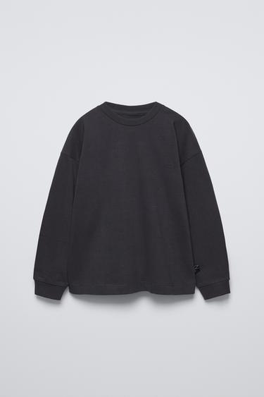 Zara Round neck shirt with long sleeves. Embroidery detail at chest and label appliqué at side. - Dark anthracite