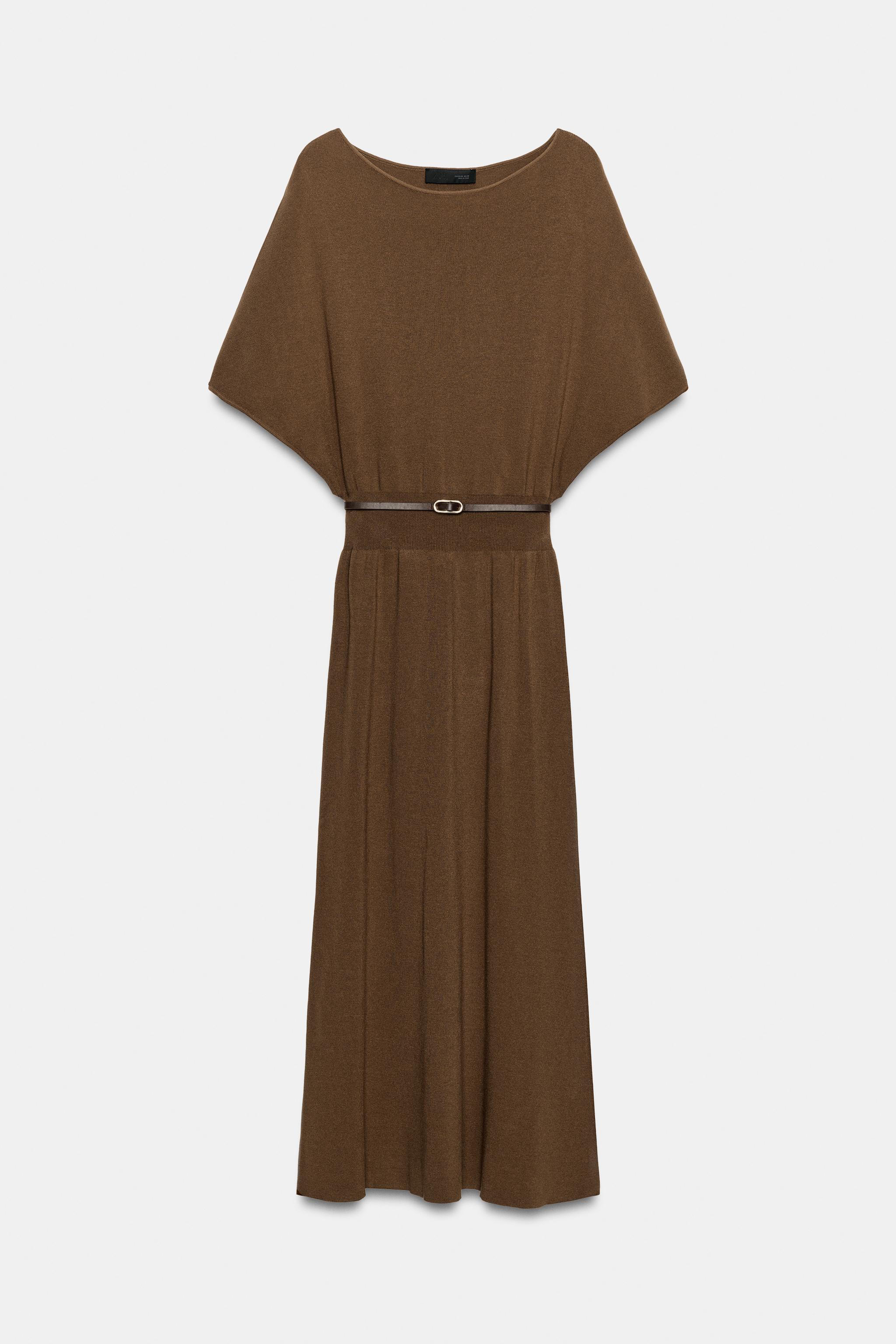 zara belted knit dress BELTED MIDI DRESS - Light brown