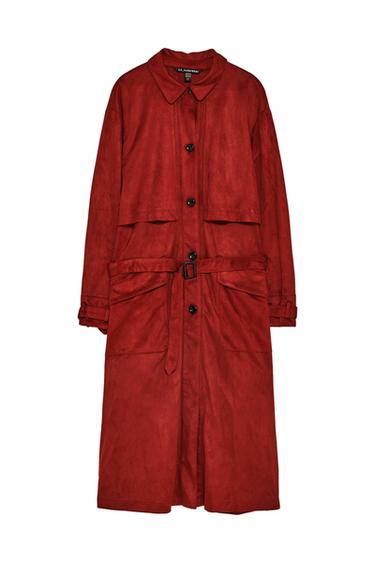 Front view of a red coat with a belt and black buttons, large pockets, and a classic collar.