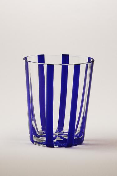 GLASS TUMBLER WITH LINE DESIGN - Blue by Zara