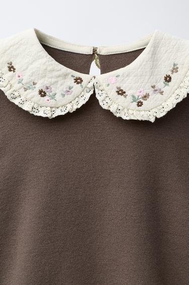 KNIT SWEATER WITH PETER PAN COLLAR AND FLOWERS - Brown / Taupe by Zara - Image 3