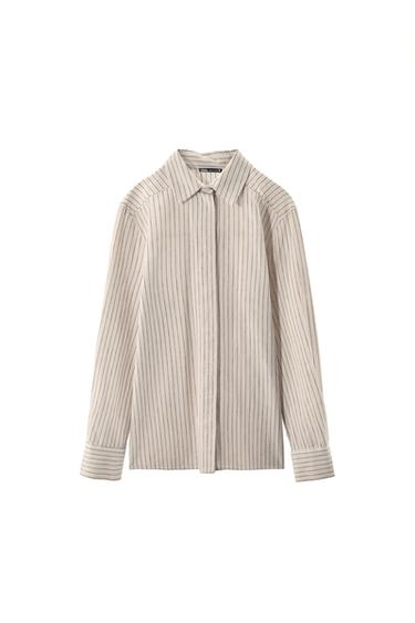 Front view of a beige vertical striped shirt with classic collar and long sleeves.