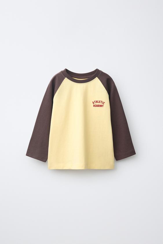 EMBROIDERED TEXT RAGLAN SLEEVE T-SHIRT - Brown by Zara - Image 0