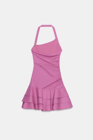 ROBE EN POPELINE AVEC ENCOLURE AMÉRICAINE À VOLANTS - Fuchsia foncé de Zara - Image 4