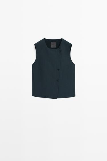 Zara Linen asymmetric buttoned vest - Navy blue - Image 0