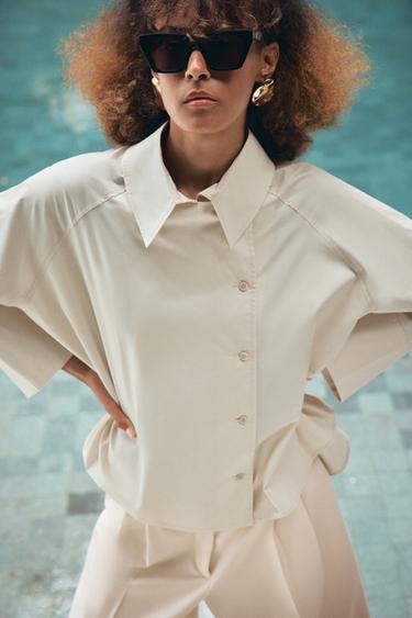 Zara ZW COLLECTION OVERSIZED PLEATED SHIRT - Stone
