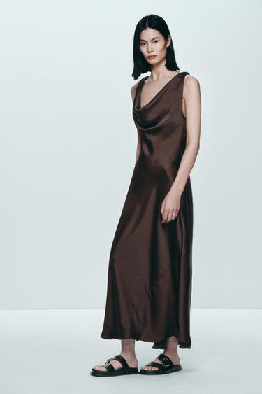 Zara ZW系列緞面長版洋裝 - 棕色