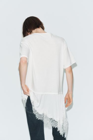 T-SHIRT EN MATIÈRES VARIÉES ET DENTELLE À COL TUNISIEN - Écru de Zara - Image 2