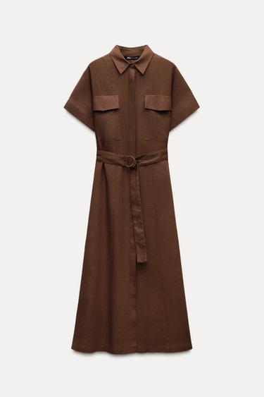 VESTIDO CON LINO CINTURÓN - Chocolate de Zara