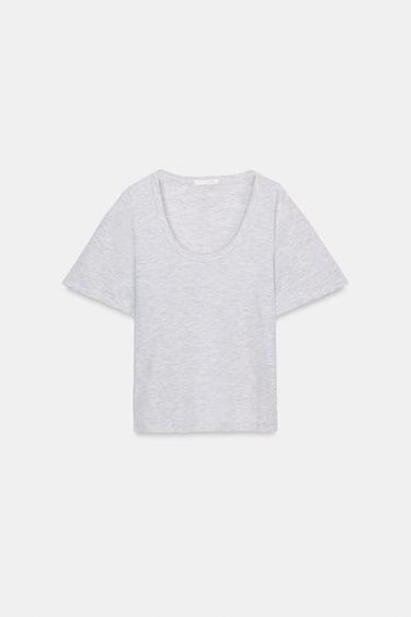 T-SHIRT COL PLONGEANT MANCHES COURTES - Gris chiné de Zara - Image 3