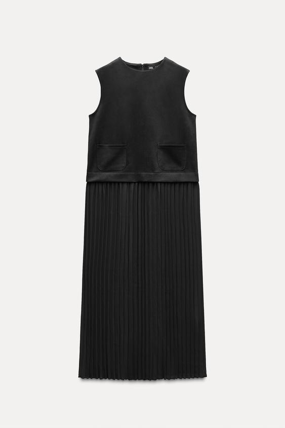 CONTRAST PLEATED MIDI DRESS Black ZARA Thailand