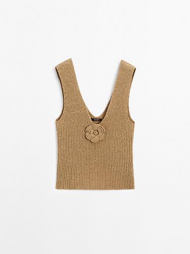 Zara Cotton blend top with floral detail - Caramel