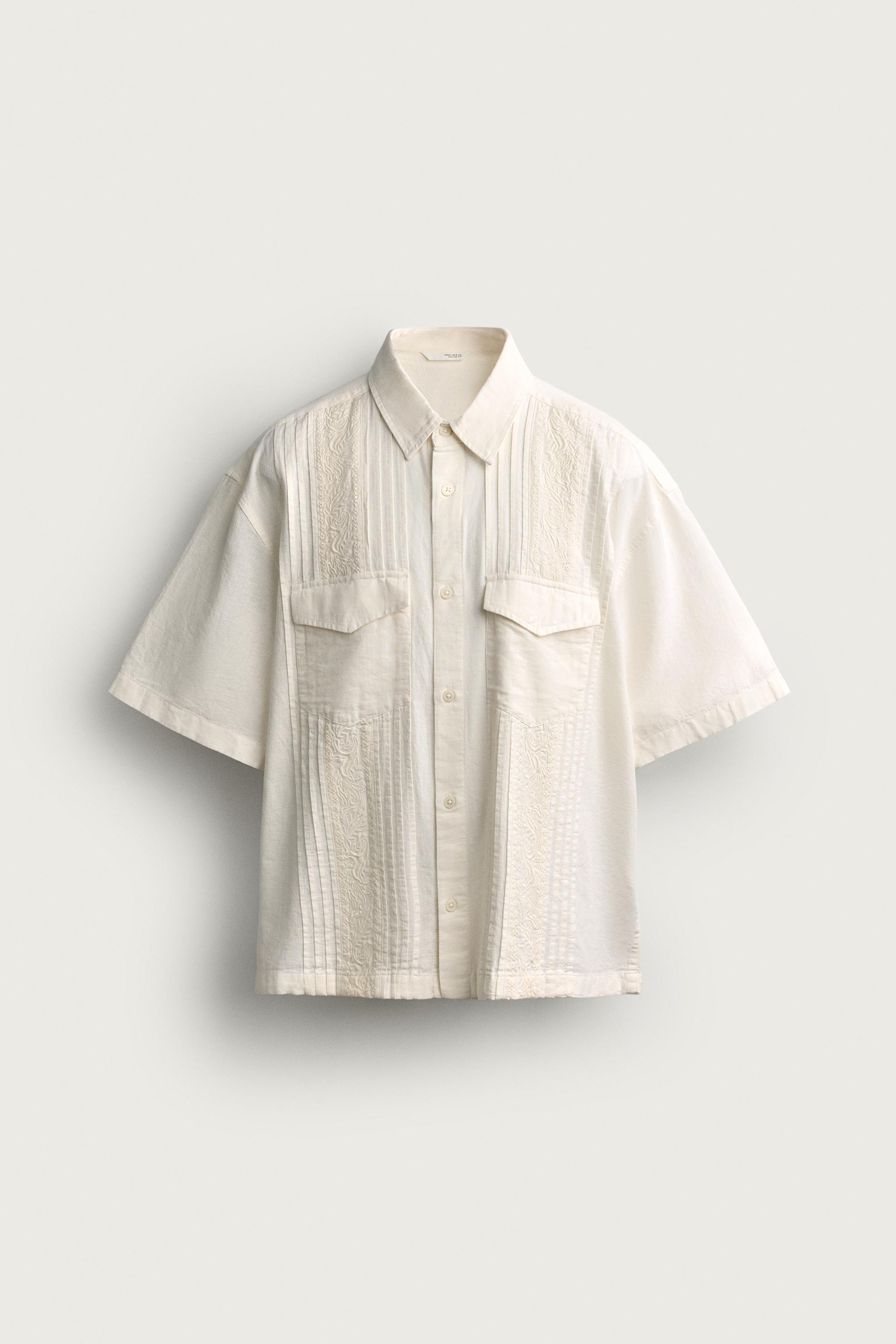 RELAXED FIT EMBROIDERED PLEAT SHIRT — Ecru