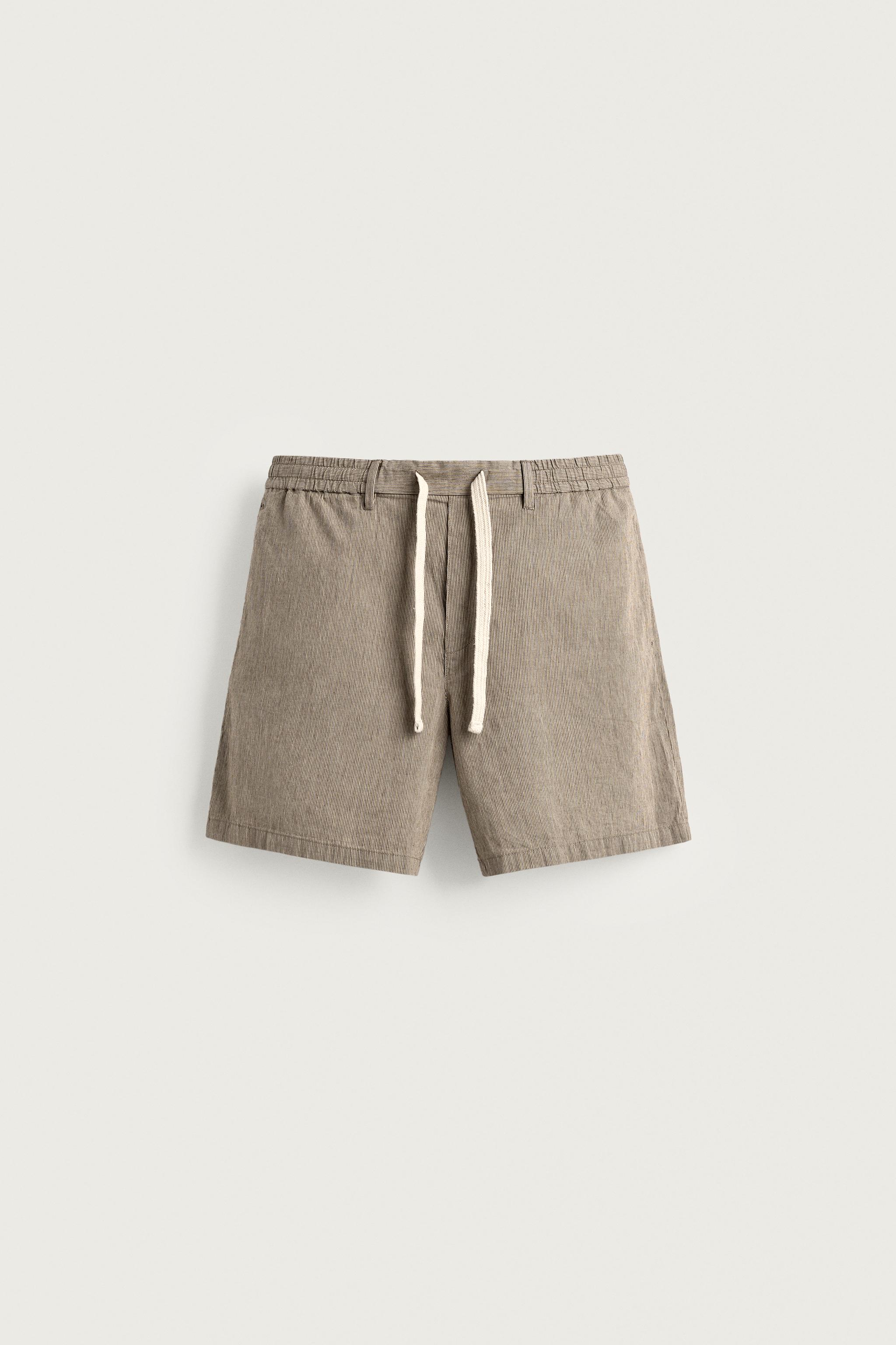 COTTON-LINEN RELAXED FIT SHORTS — Brown Stripes