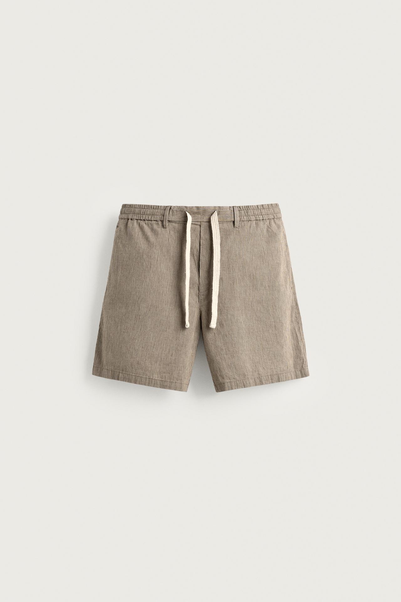 COTTON-LINEN RELAXED FIT SHORTS — Brown Stripes
