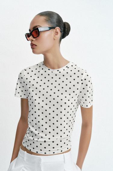 Zara SHORT SLEEVE POLKA DOT T-SHIRT - Ecru / Black