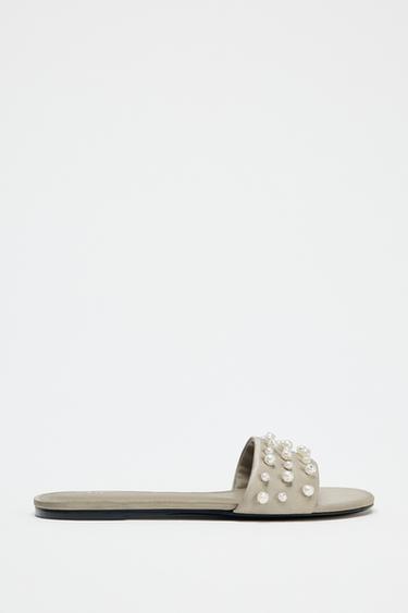 FLAT SANDALS WITH SHINY APPLIQUÉS - Khaki Green by Zara - Image 0
