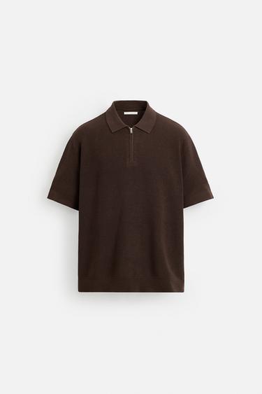 Zara PURL KNIT ZIPPER POLO SHIRT - Chocolate