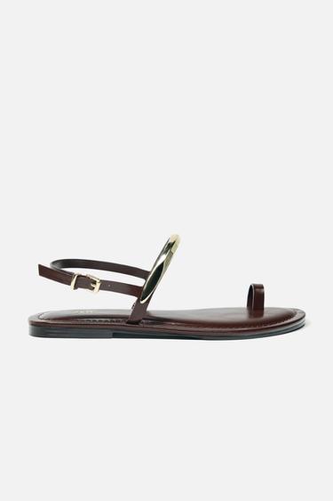 Zara 金屬綴飾平底涼鞋 - 巧克力棕色