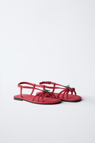 Zara CHERRY BEADED SANDALS - Red