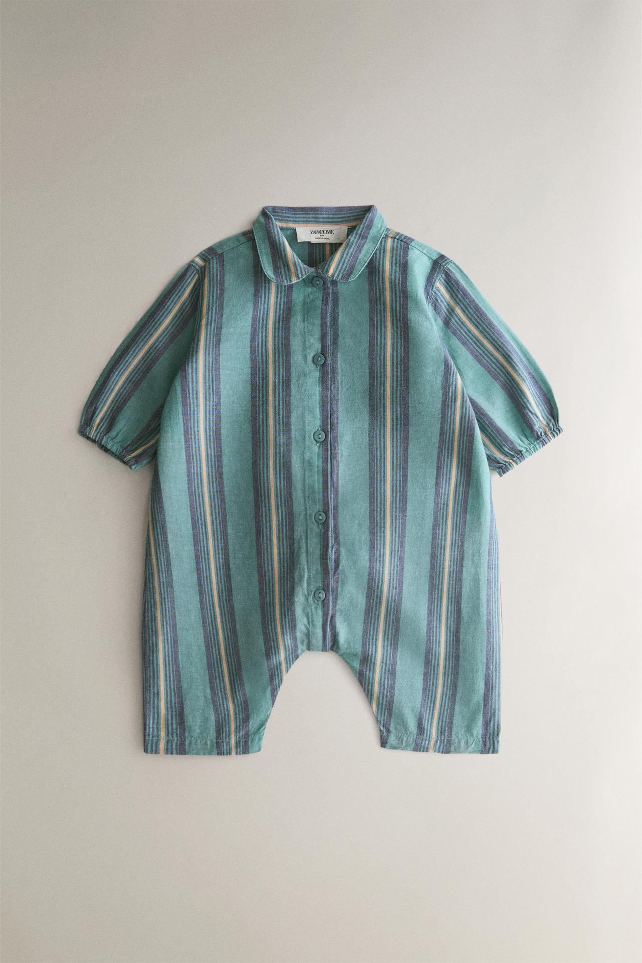 BABY STRIPED FOOTED ROMPER — Blue