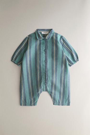 Zara BABY STRIPED FOOTED ROMPER - Blue - Image 0
