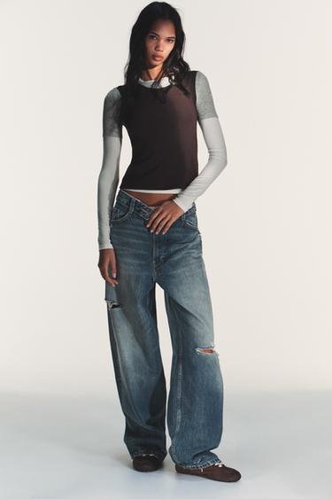 Zara LONG SLEEVE TRIPLE EFFECT T-SHIRT - Brown - Image 0