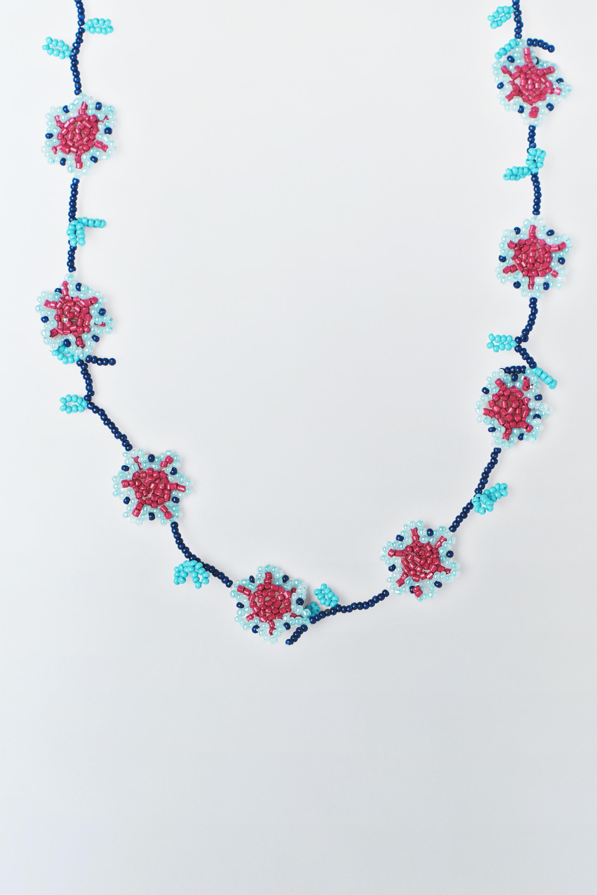 Beadwork necklace - floral with birds discount - black blue yellow red pink long beaded