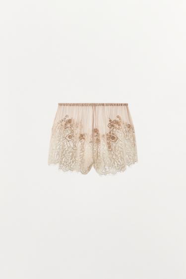 SHORT EN GEORGETTE BRODÉ DENTELLE - Rose de Zara - Image 4