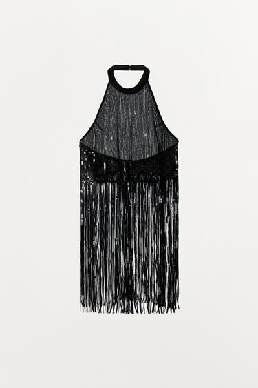 TOP HALTER PAILLETTES FRANGES - Noir de Zara - Image 3