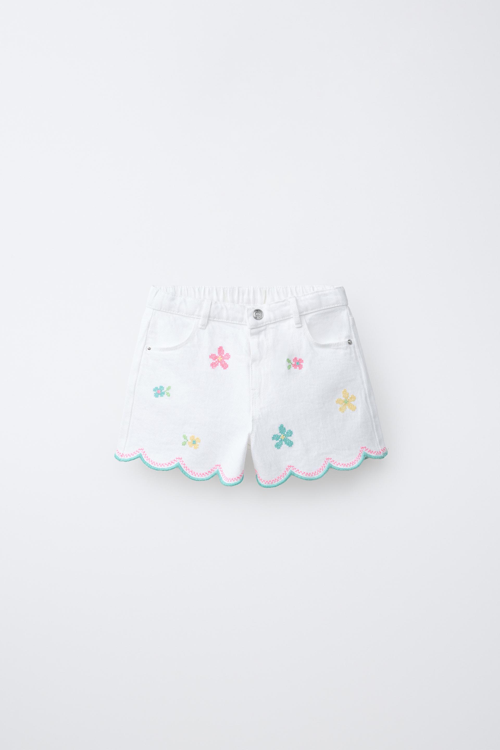 Mom Fit Twill Bermuda Shorts With Cross-Stitch Flowers