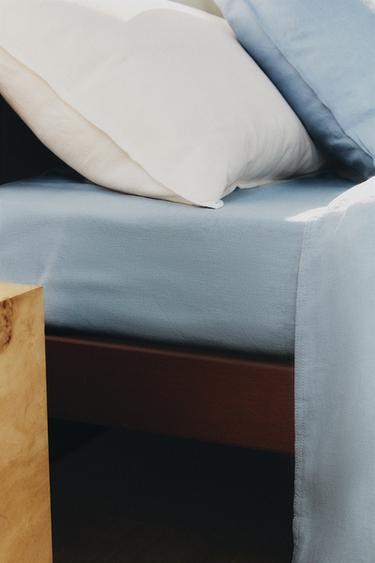 WASHED LINEN FITTED SHEET | 30 CM HIGH (140 GXM²) - Grey / Blue by Zara - Image 4
