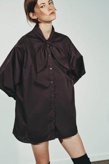 POPLIN SHIRT WITH SCARF DETAIL - Dark brown by Zara - Image 1