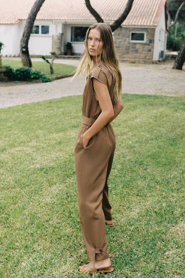 LINEN BLEND JUMPSUIT WITH BELT - Toffee by Zara - Image 2