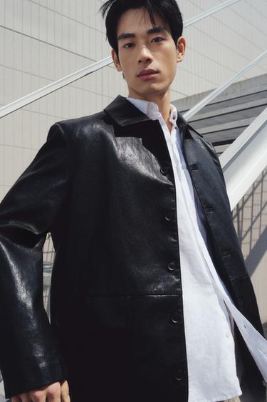 RELAXED FIT FAUX LEATHER OVERSHIRT - Black by Zara