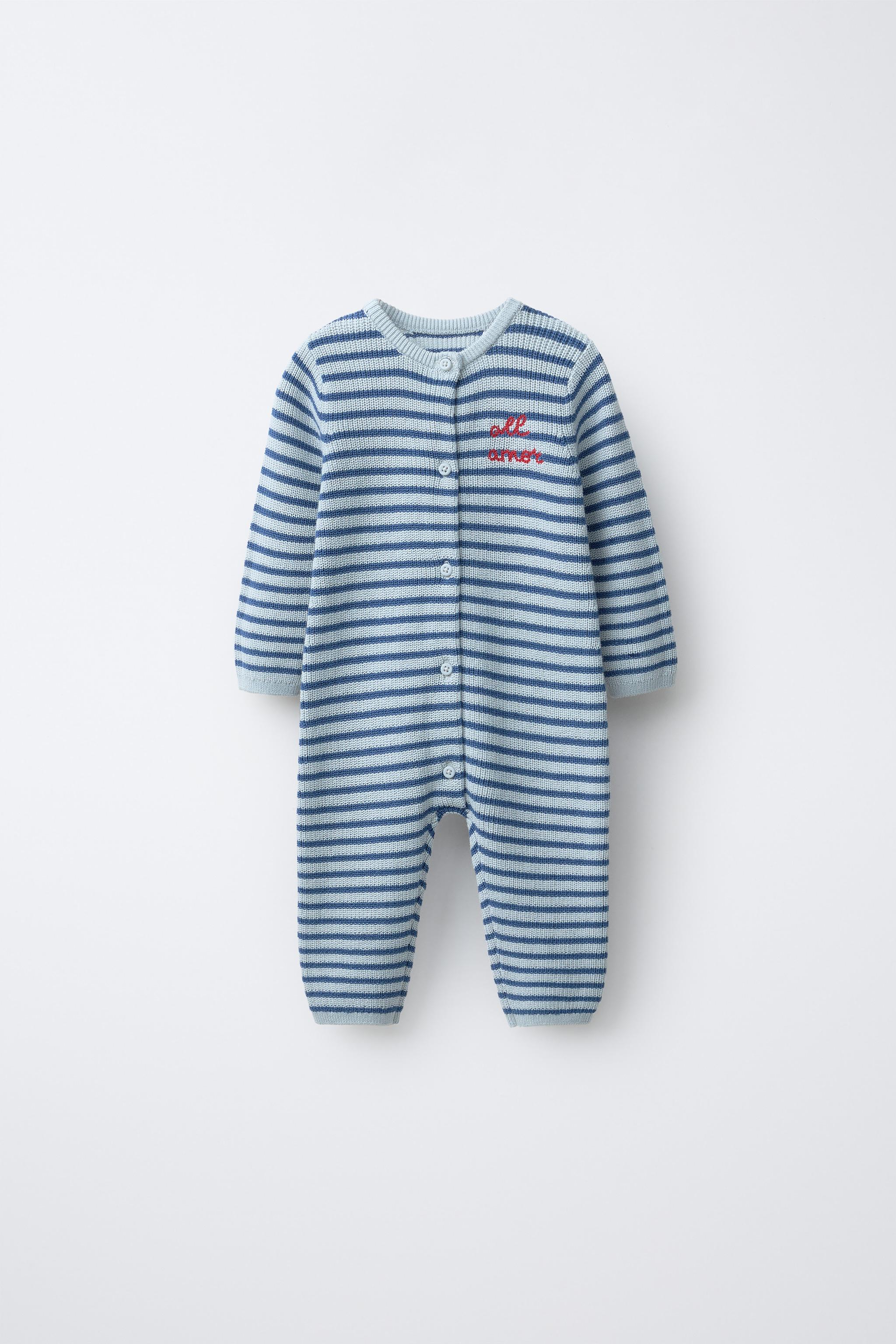 ニットストライプ柄刺繍ジャンプスーツ - ライトブルー | ZARA Japan