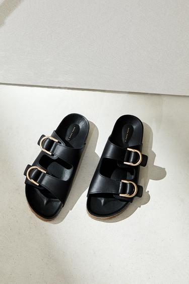 FLAT LEATHER SANDALS WITH BUCKLES - Black by Zara - Image 1