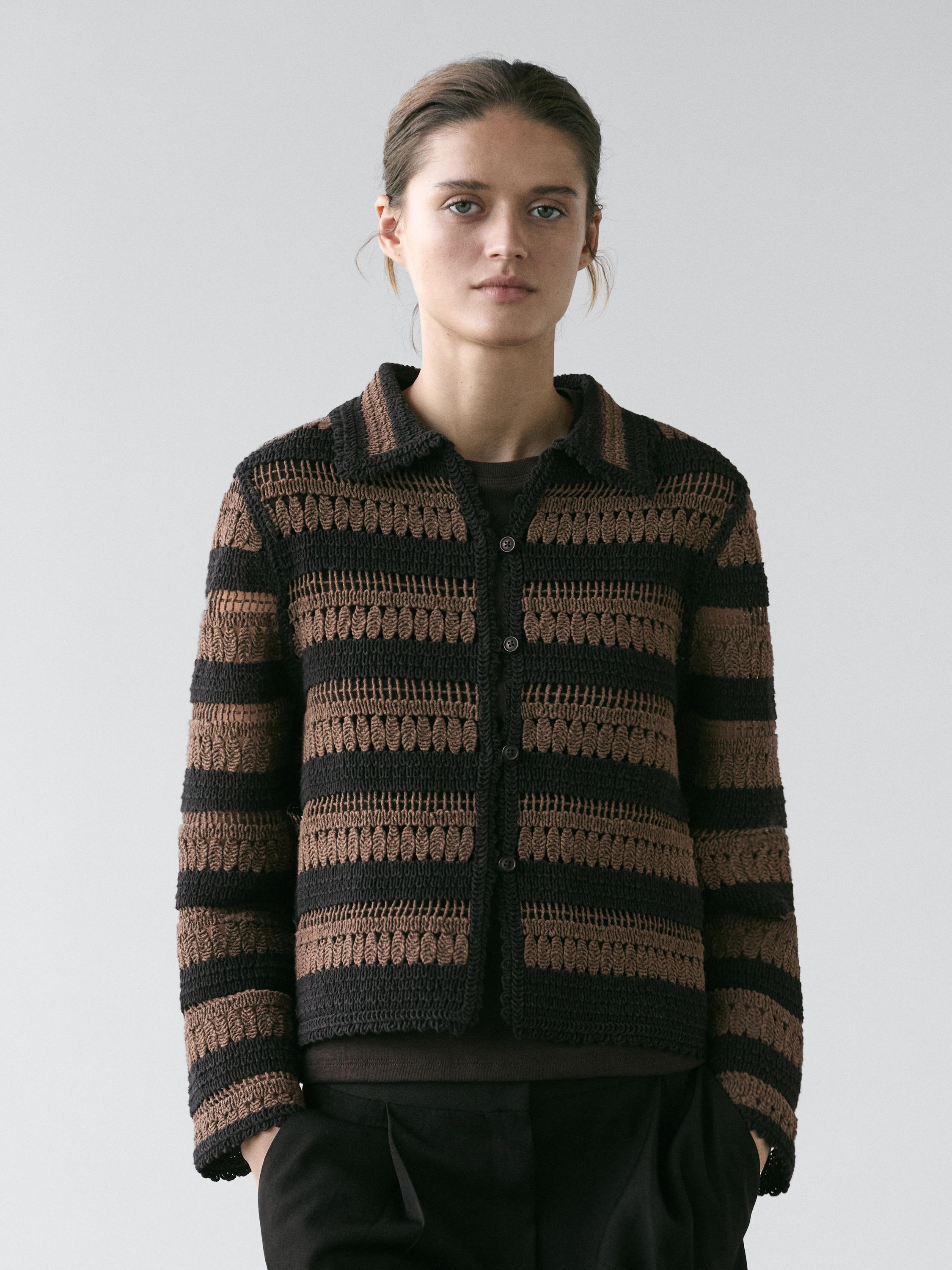 Short striped crochet knit cardigan