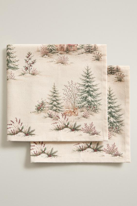 Zara PACK OF CHRISTMAS LANDSCAPE COTTON NAPKINS (PACK OF 2) - Light beige - Image 0