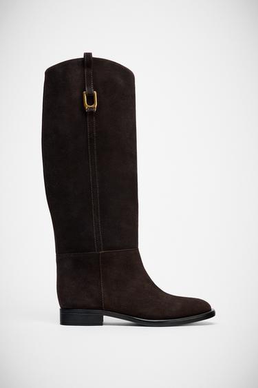 FLACHER REITSTIEFEL AUS VELOURSLEDER - Braun von Zara