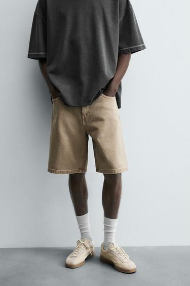 Zara STRAIGHT FIT DENIM SHORTS - Beige