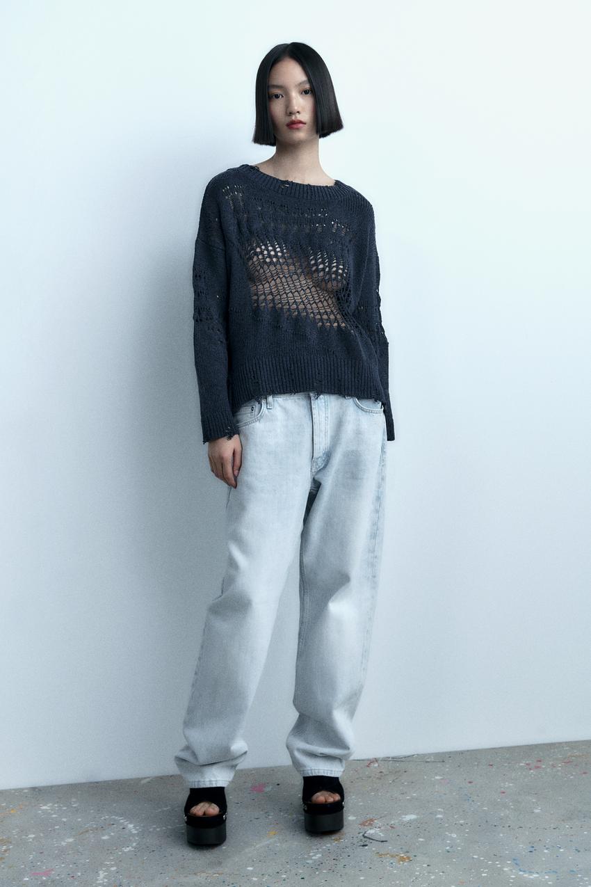 RIPPED OPEN-KNIT SWEATER - Blue