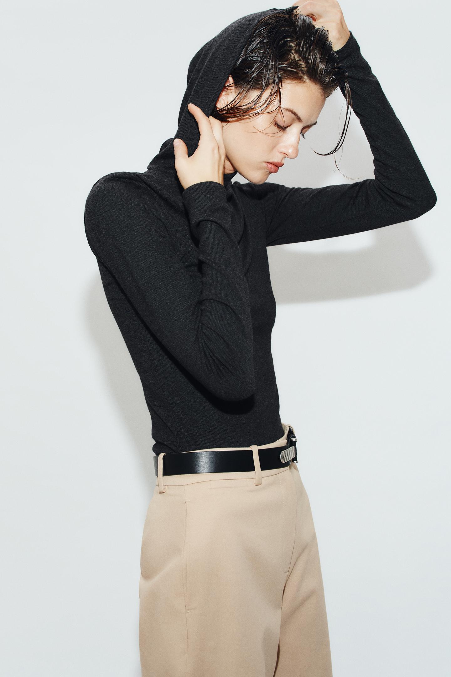 Женское худи Zara Slim T-SHIRT, цвет: Антрацитовый серый — фото 2
