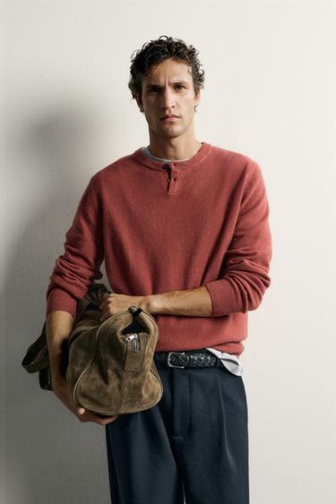 100% WOOL HENLEY NECK SWEATER — Clay 2