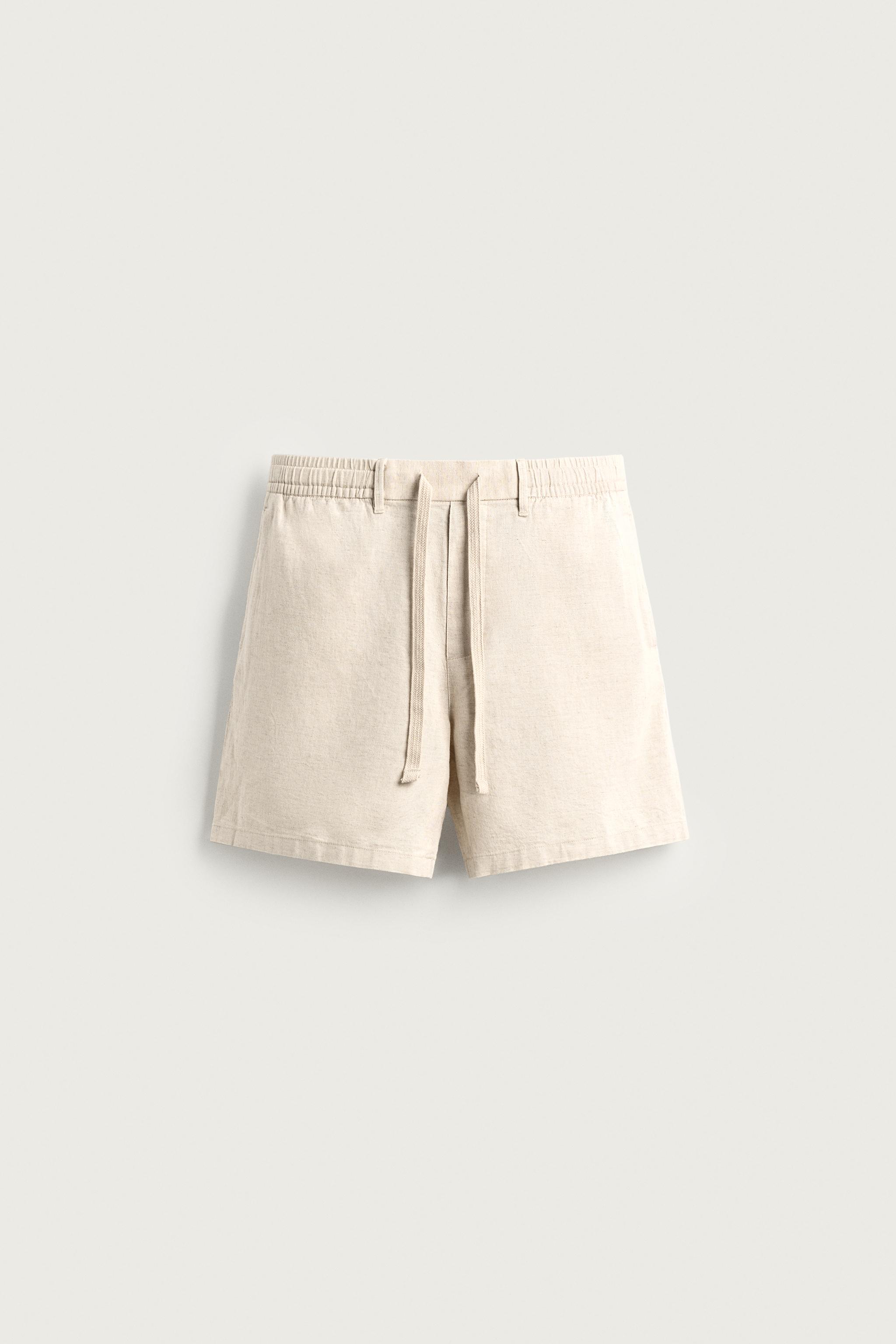 COTTON-LINEN RELAXED FIT SHORTS — Light beige