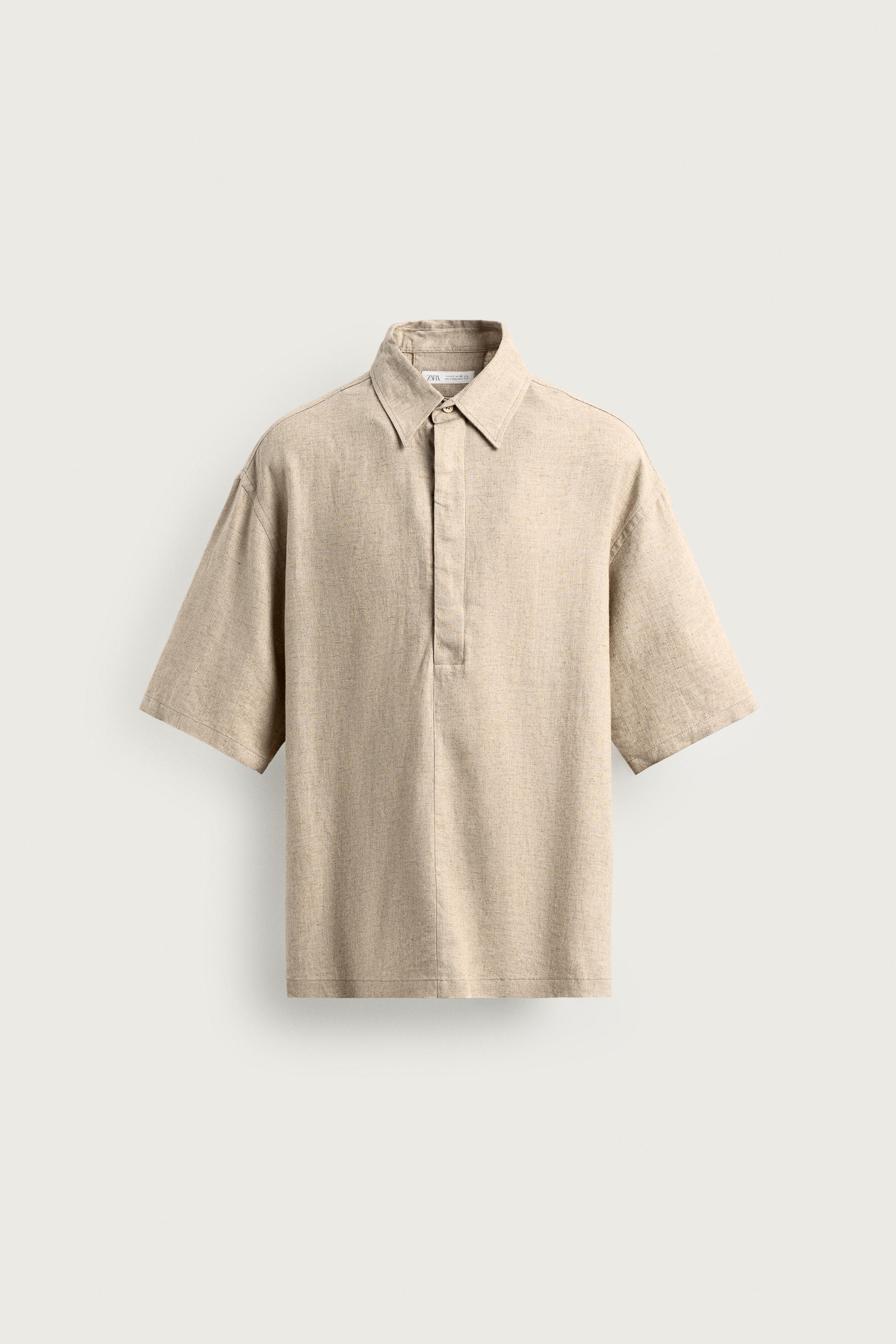 REGULAR FIT LINEN-VISCOSE POLO SHIRT — Sand