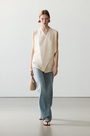 Top fluido cruzado con lino - Beige de Zara - Imagen 0