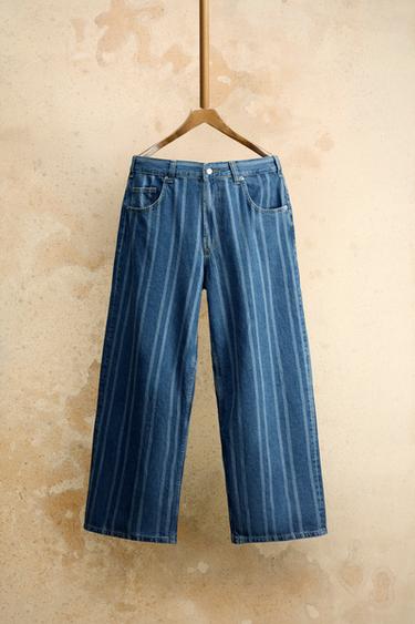Zara STRIPED RELAXED FIT JEANS - Blue