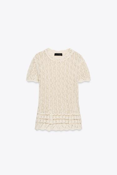 SHORT SLEEVE POINTELLE KNIT TOP - Ecru by Zara - Image 6